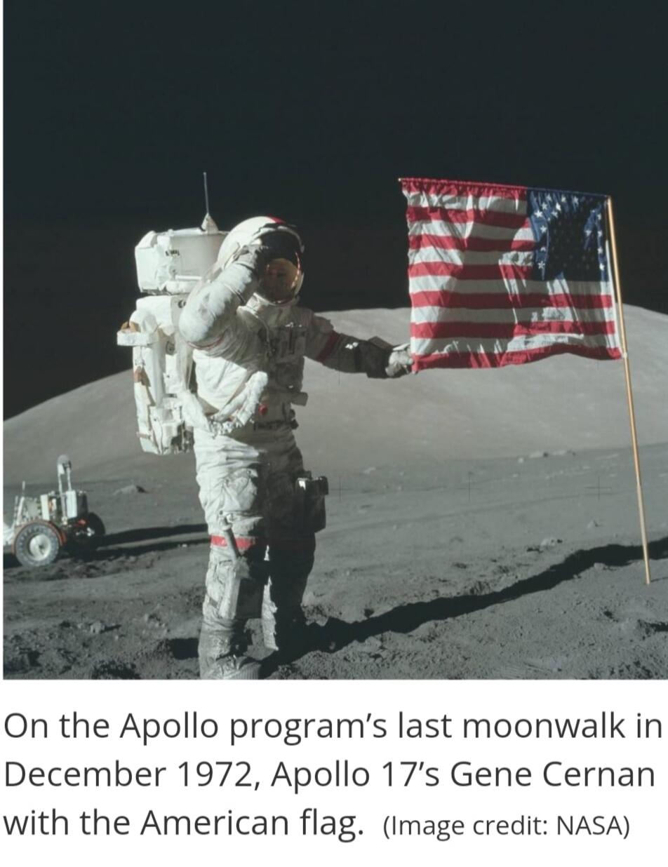 On the Apollo program's last moonwalk in December 1972, Apollo 17's Gene Cernan with the American flag. (Image credit: NASA)