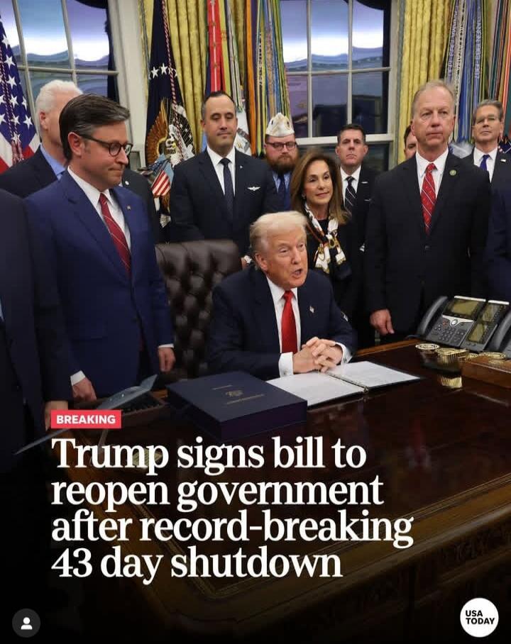 BREAKING Trump signs bill to reopen government after record-breaking 43 day shutdown
