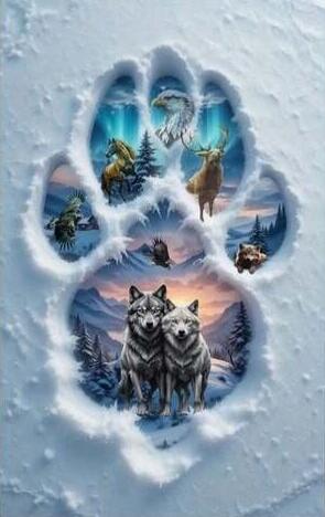 A snow paw print reveals a winter scene with wolves and forest animals.