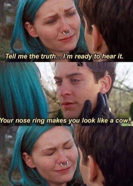 Tell me the truth... I'm ready to hear it. Your nose ring makes you look like a cow.