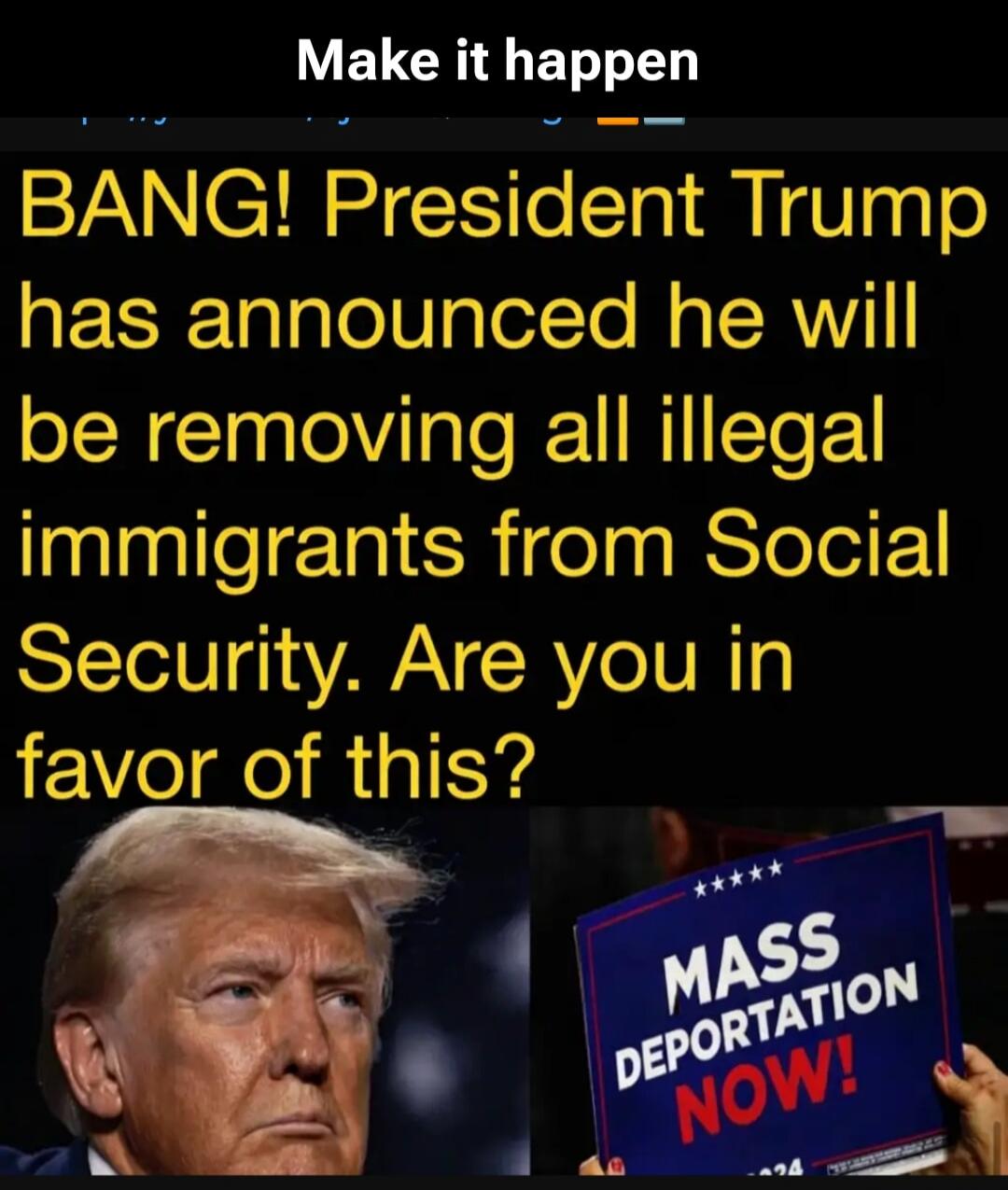 Make it happen BANG! President Trump has announced he will be removing all illegal immigrants from Social Security. Are you in favor of this? MASS DEPORTATION NOW!