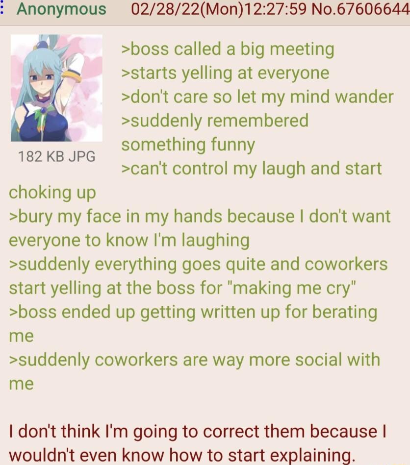 Anonymous 022822Mon122759 No67606644 boss called a big meeting starts yelling at everyone dont care so let my mind wander suddenly remembered something funny cant control my laugh and start 182 KB JPG choking up bury my face in my hands because dont want everyone to know Im laughing suddenly everything goes quite and coworkers start yelling at the boss for making me cry boss ended up getting writt