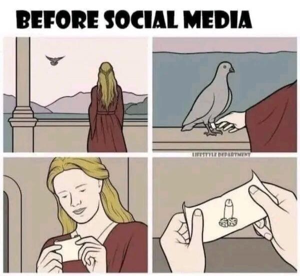 BEFORE SOCIAL MEDIA. A woman on a balcony receives a message via a pigeon. She unrolls the scroll to find a drawing of a penis.