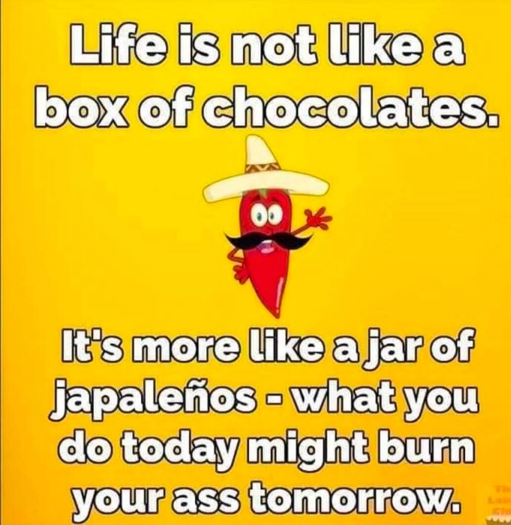Life is not like a box of chocolates. It's more like a jar of japaleños - what you do today might burn your ass tomorrow.