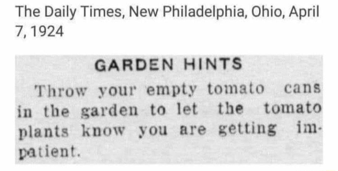 The Daily Times New Philadelphia Ohio April 71924 GARDEN HINTS Throw your empty tomato cans in the garden to let the tomato plants know you are getting im patient