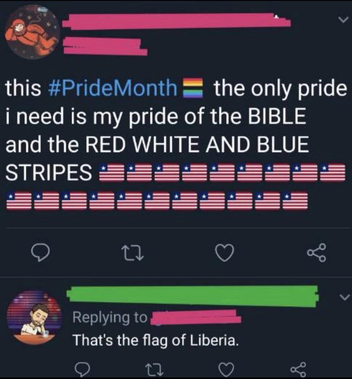E g this PrideMonth the only pride i need is my pride of the BIBLE and the RED WHITE AND BLUE Syiaiigay F F F FFFFE FF FF F F F FF F 9 i Y r i EWVORGY Thats the flag of Liberia n 59 3