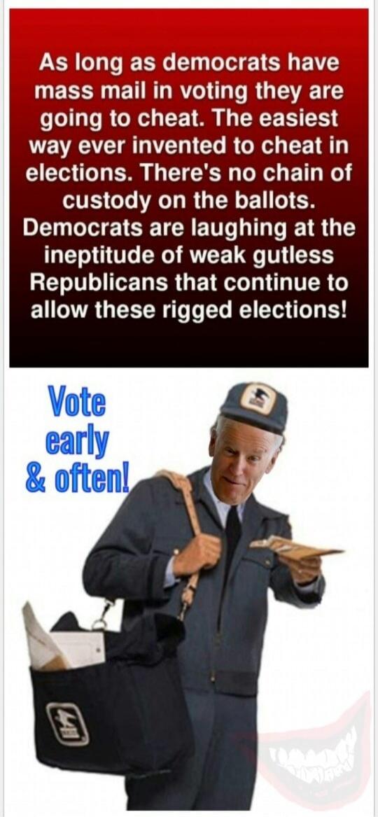 As long as democrats have mass mail in voting they are going to cheat. The easiest way ever invented to cheat in elections. There's no chain of custody on the ballots. Democrats are laughing at the ineptitude of weak gutless Republicans that continue to allow these rigged elections! Vote early & often!