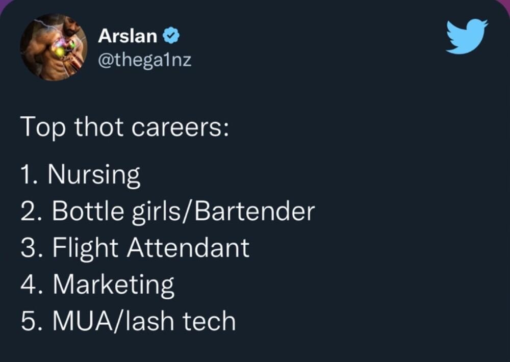 A Arslan thegalnz Top thot careers 1 Nursing 2 Bottle girlsBartender 3 Flight Attendant 4 Marketing V OVVAETS R tely ikl VERVALT R RE T L QY EIE VAN OR L