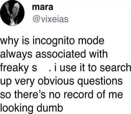 why is incognito mode always associated with freaky s . i use it to search up very obvious questions so there’s no record of me looking dumb