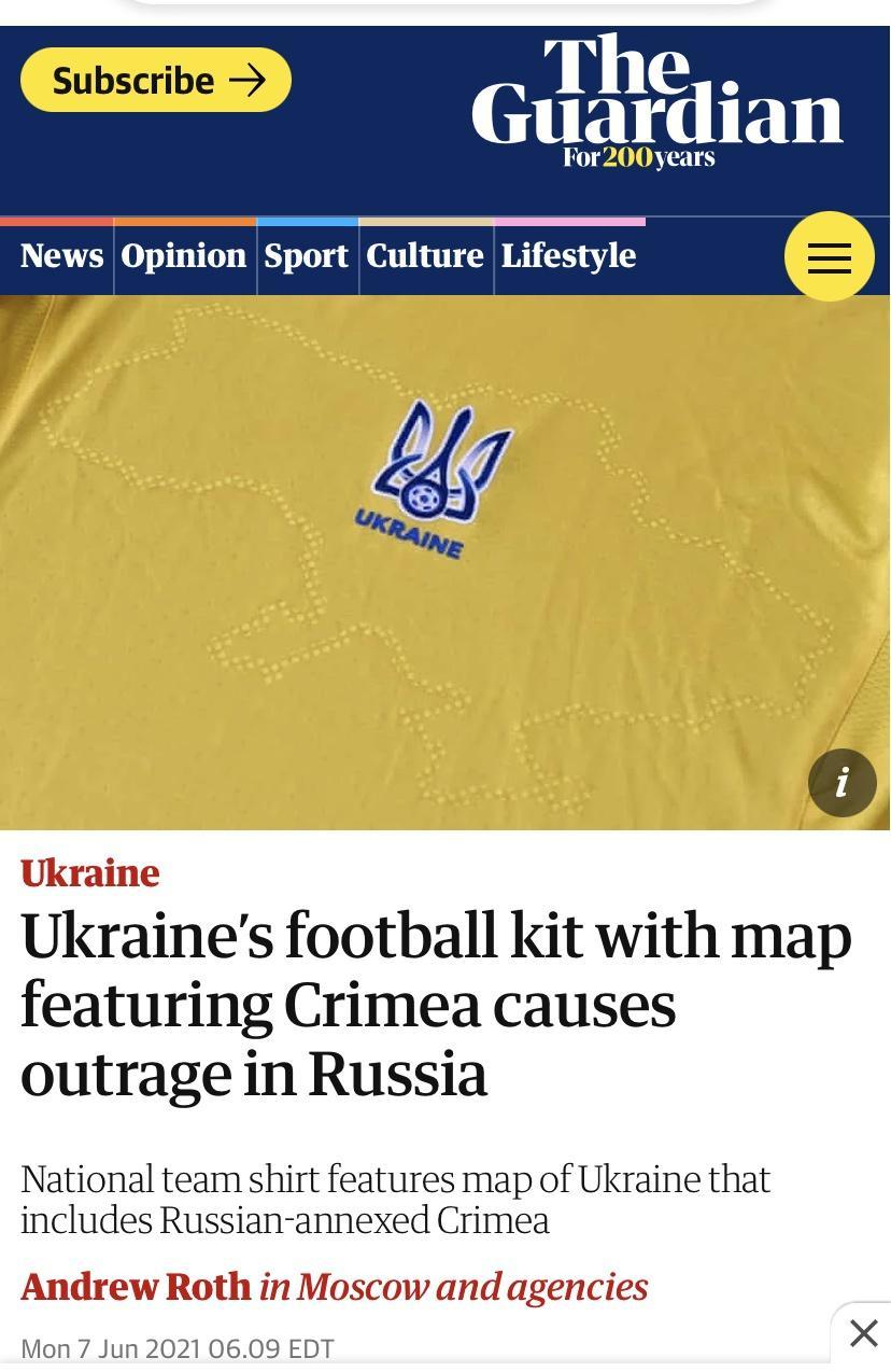 YT uardian For200years News Opinion Sport Culture Lifestyle Ukraine Ukraines football kit with map featuring Crimea causes outrage in Russia National team shirt features map of Ukraine that includes Russian annexed Crimea Andrew Roth in Moscow and agencies Mon 7 Jun 2021 0609 EDT X