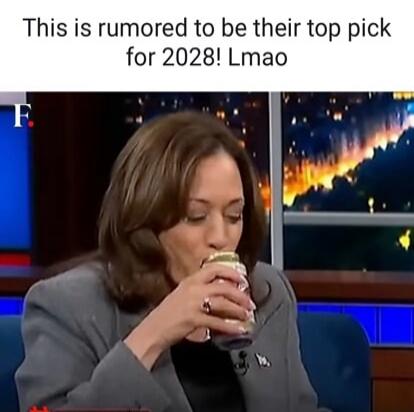 This is rumored to be their top pick for 2028! Lmao. A woman, identified as Kamala Harris, is seen drinking from a can.