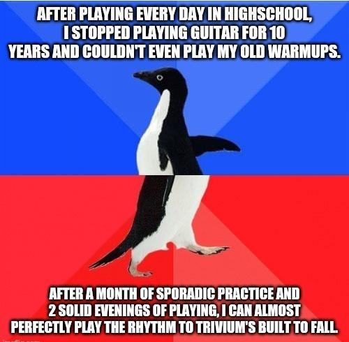 AFTER PLAYING EVERY DAY IN HIGHSCHOOL 1STOPPED PLAYING GUITAR FOR 10 YEARS AND COULDNT EVEN PLAY MY OLD WARMUPS AFTER A MONTH OF SPORADIC PRACTICE AND 2 SOLID EVENINGS OF PLAYING CAN ALMOST PERFECTLY PLAY THE RHYTHM TO TRIVIUMS BUILT TO FALL