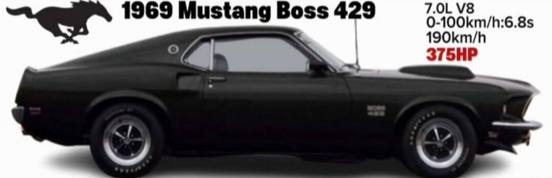 1969 Mustang Boss 429
7.0L V8
0-100km/h: 6.8s
190km/h
375HP