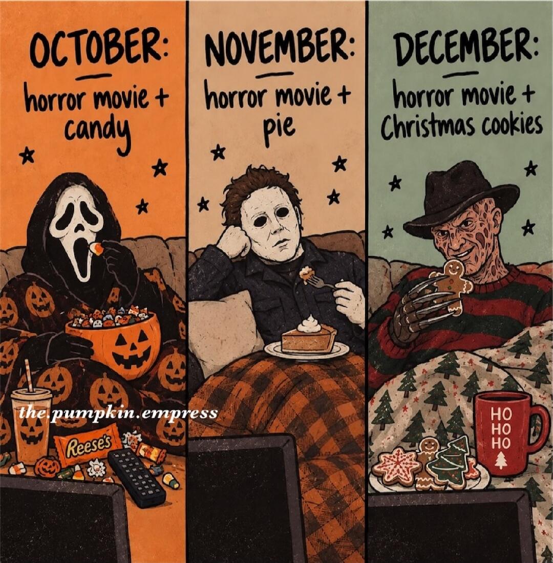 OCTOBER: horror movie + candy NOVEMBER: horror movie + pie DECEMBER: horror movie + Christmas cookies the.pumpkin.empress