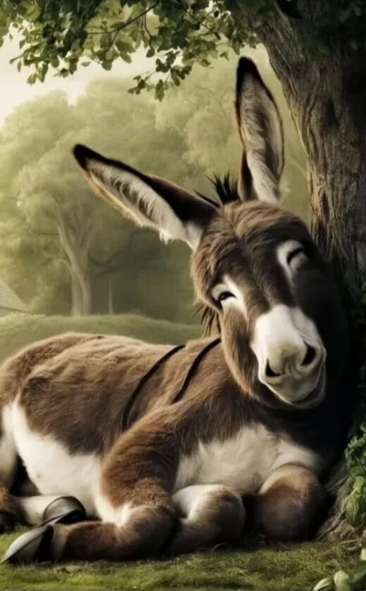 A donkey lying on the grass beside a tree.