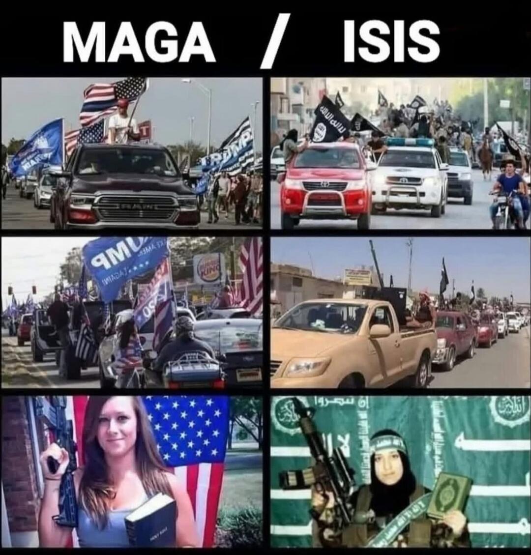 MAGA / ISIS. The image compares supporters of MAGA (Make America Great Again) with members of ISIS. On the left, there are images of convoys with vehicles displaying American and Trump flags, and a woman holding a rifle and a Bible in front of an American flag. On the right, there are images of convoys with vehicles displaying black flags (associat