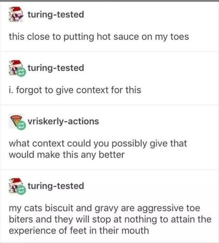 turing tested this close to putting hot sauce on my toes Q turing tested i forgot to give context for this vriskerly actions what context could you possibly give that would make this any better turing tested my cats biscuit and gravy are aggressive toe biters and they will stop at nothing to attain the experience of feet in their mouth