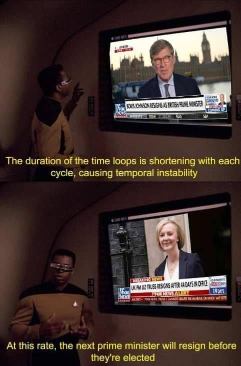 The duration of the time loops is shortening with each cycle causing temporal instability At this rate the next prime minister will resign before theyre elected