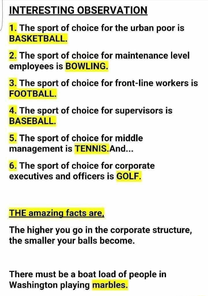 INTERESTING OBSERVATION lThe sEort of choice for the urban poor is The sport of choice for maintenance level employees is EThe siort of choice for front line workers is EThe sport of choice for supervisors is 5 The sport of choice for middle management is TENNISAnd 6 The sport of choice for coriorate executives and officers is The higher you go in the corporate structure the smaller your balls bec