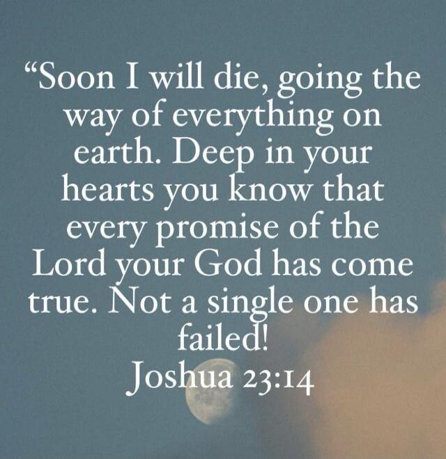 Soon I will die, going the way of everything on earth. Deep in your hearts you know that every promise of the Lord your God has come true. Not a single one has failed! Joshua 23:14