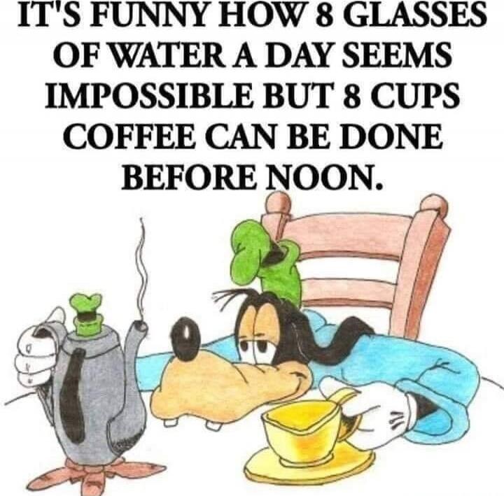 IT'S FUNNY HOW 8 GLASSES OF WATER A DAY SEEMS IMPOSSIBLE BUT 8 CUPS COFFEE CAN BE DONE BEFORE NOON.