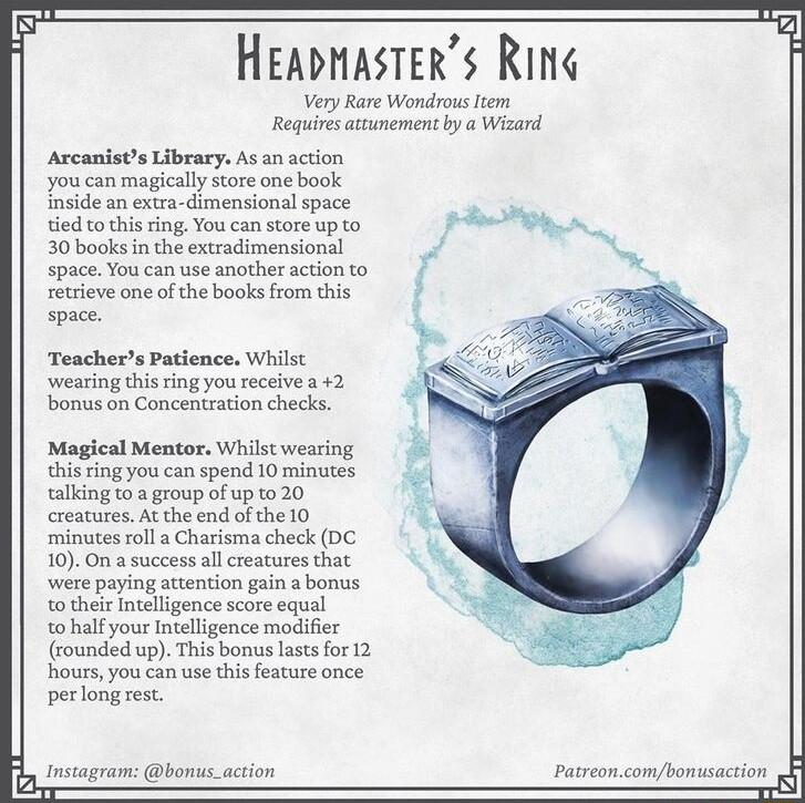 2 Heaprasters Ring Very Rare Wondrous tem Regquires atrunement by a Wizard Arcanists Library As an action you can magically store one book inside an extra dimensional space ted to this ring You can store up to 30 books in the extradimensional space You can use another action to retrieve one of the books from this space Teachers Patience Whilst wearing this ring you recelve 2 bonus on Concentration