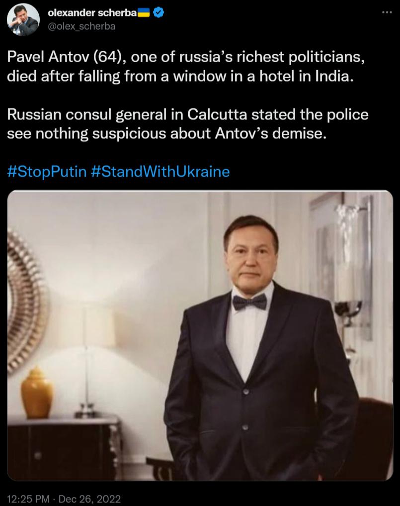 mm cm REL olex scherba Pavel Antov 64 one of russias richest politicians died after falling from a window in a hotel in India Russian consul general in Calcutta stated the police EEER GG EETEL TR LRI G G IEYL T TN ESICLING RS ERETGIVRETTE