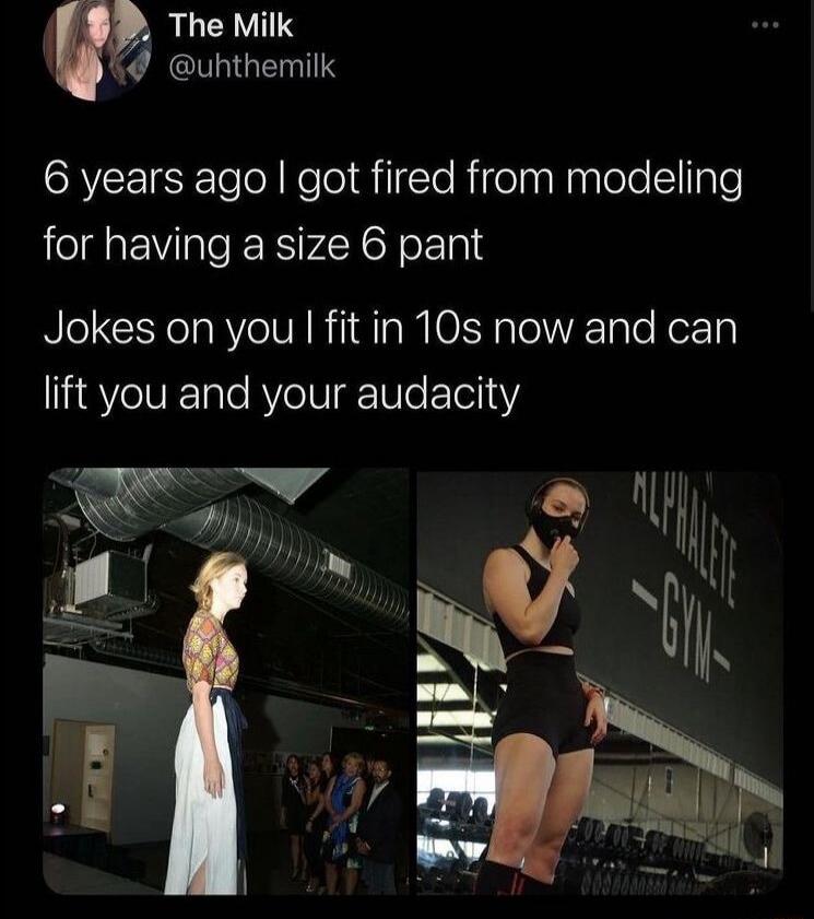 6 years ago I got fired from modeling for having a size 6 pant
Jokes on you I fit in 10s now and can lift you and your audacity