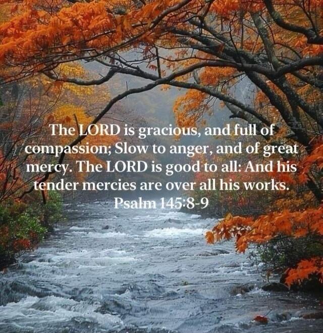 The LORD is gracious, and full of compassion; Slow to anger, and of great mercy. The LORD is good to all: And his tender mercies are over all his works. Psalm 145:8-9