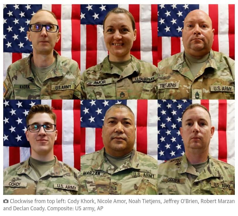 Clockwise from top left: Cody Khork, Nicole Amor, Noah Tietjens, Jeffrey O'Brien, Robert Marzan and Declan Coady, Composite: US Army, AP