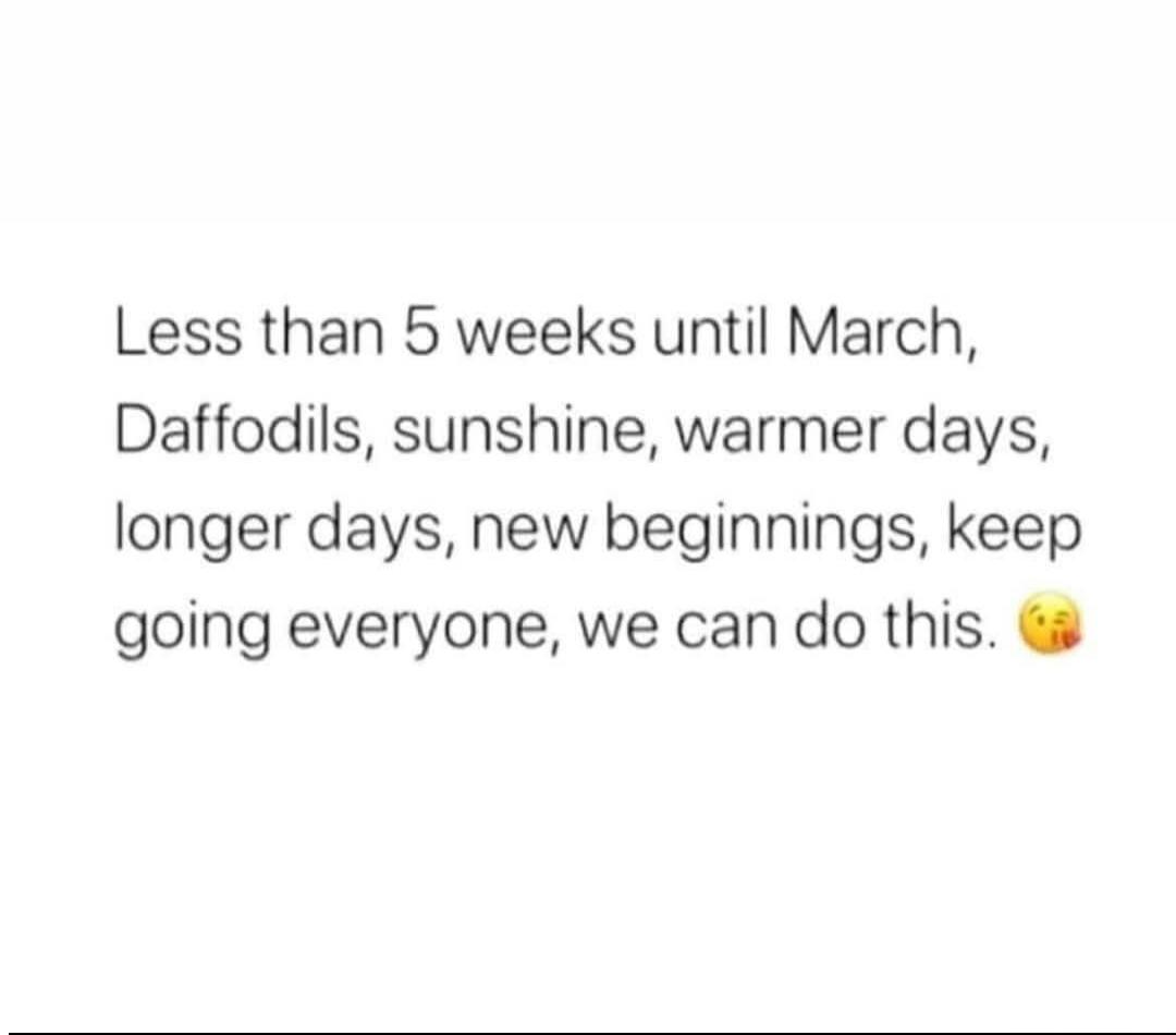 Less than 5 weeks until March, Daffodils, sunshine, warmer days, longer days, new beginnings, keep going everyone, we can do this. 😘