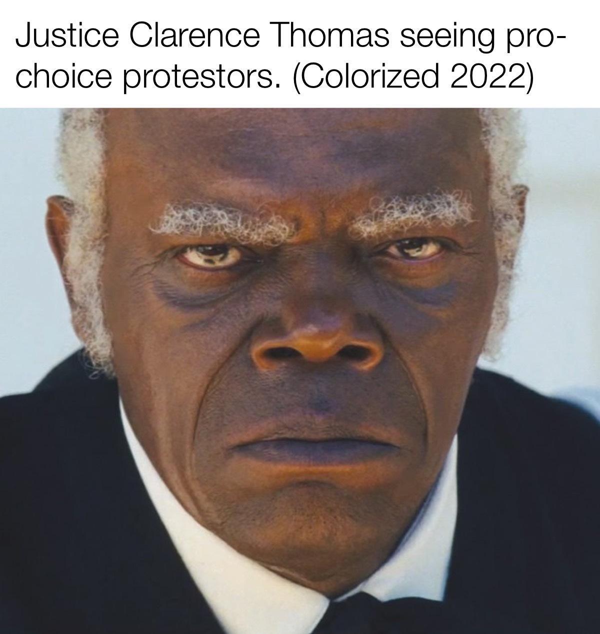 Justice Clarence Thomas seeing pro choice protestors Colorized 2022