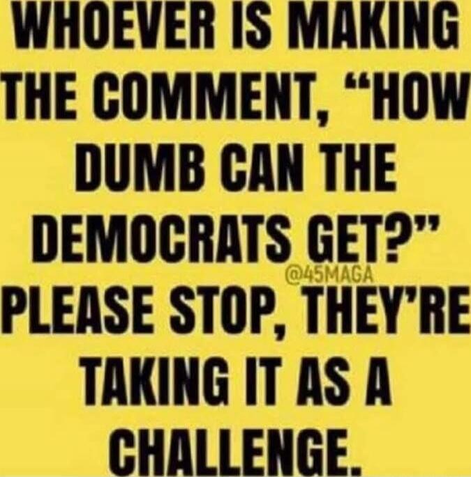 WHOEVER IS MAKING THE COMMENT, “HOW DUMB CAN THE DEMOCRATS GET?” PLEASE STOP, THEY’RE TAKING IT AS A CHALLENGE.