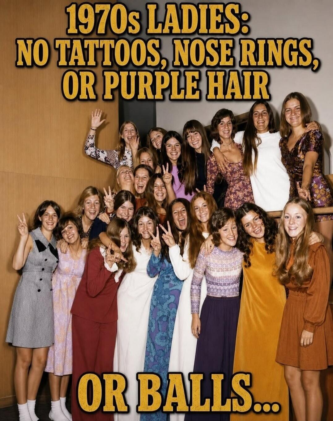 1970s LADIES: NO TATTOOS, NOSE RINGS, OR PURPLE HAIR OR BALLS...