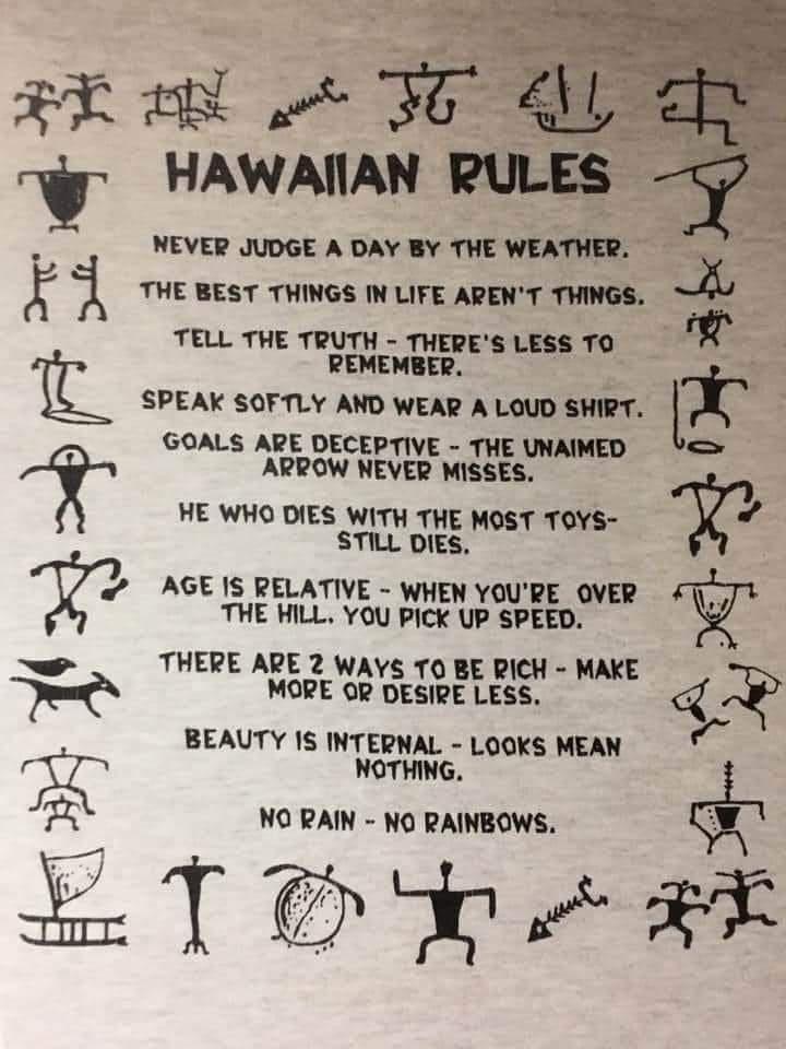 e 3 NFC O T HAWAIIAN RL NEVER JUDGE A DAY BY THE WEATHER f 1 THE BEST THINGS IN LIFE ARENT THINGS TELL THE TRUTH THERES LESS TO REMEMBER SPEAK SOFTLY AND WEAR A LOUD SHIRT GOALS ARE DECEPTIVE THE UNAIMED ARROW NEVER MISSES HE WHO DIES WITH THE MOST TOYS 2 L4 STILL DIES AGES RELATIVE WHEN YOURE OVER THE HILL YOU PiCk UP SPEED K THERE APE 2 WAVS 0 BE RICH MAKE MORE OP DESIPE LESS BEAUTY IS INTERNAL 