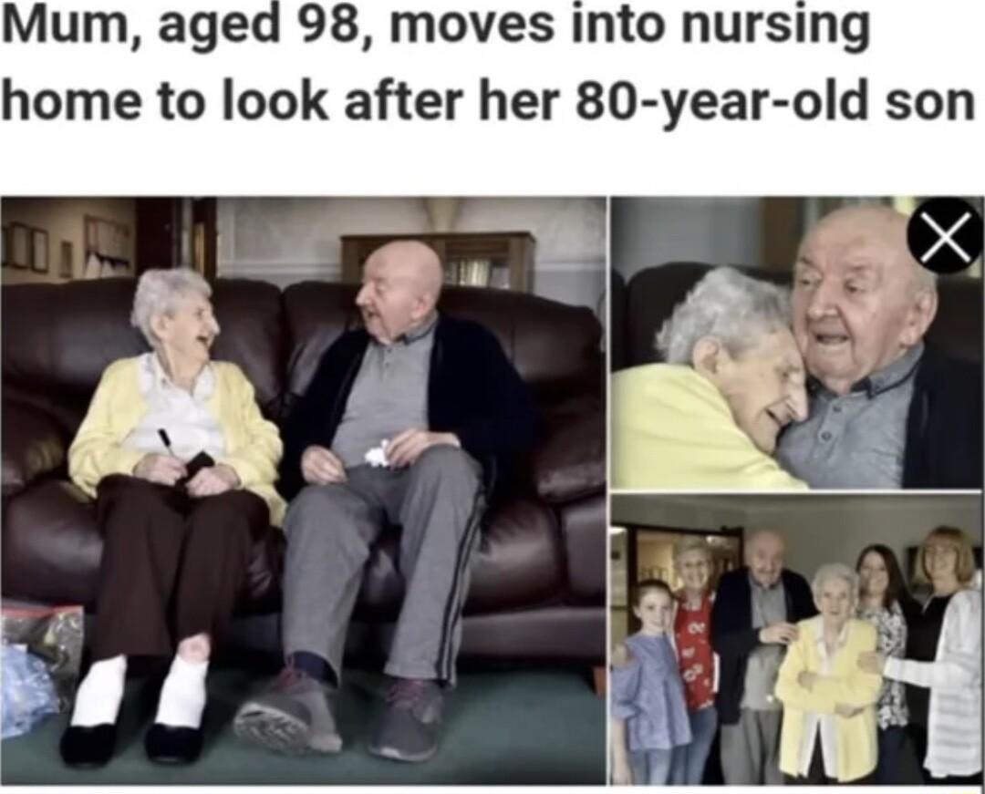 Mum aged 98 moves into nursing home to look after her 80 year old son