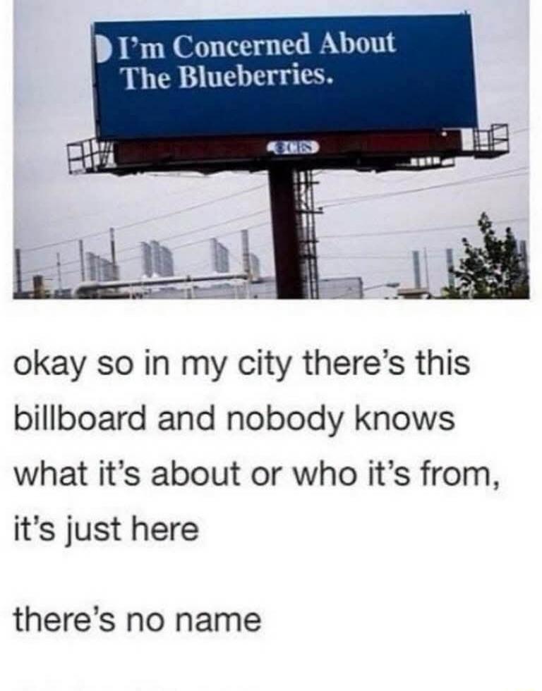 I'm Concerned About The Blueberries. Okay, so in my city there's this billboard and nobody knows what it's about or who it's from, it's just here. There's no name.