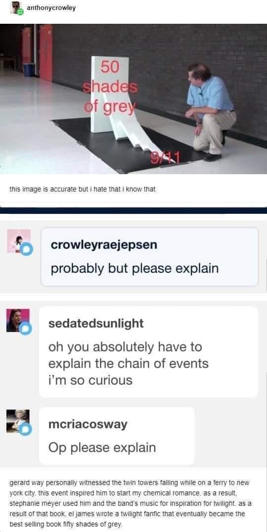 R anthonyerowtey his image s accurate but hate that Know that L crowleyraejepsen probably but please explain r sedatedsunlight oh you absolutely have to explain the chain of events im so curious mcriacosway Op please explain gerard way personally witnessed the twin towers falling while on a fery to new york city this event inspired him to start my chemical fomance as 3 resul stephanle meyer used h