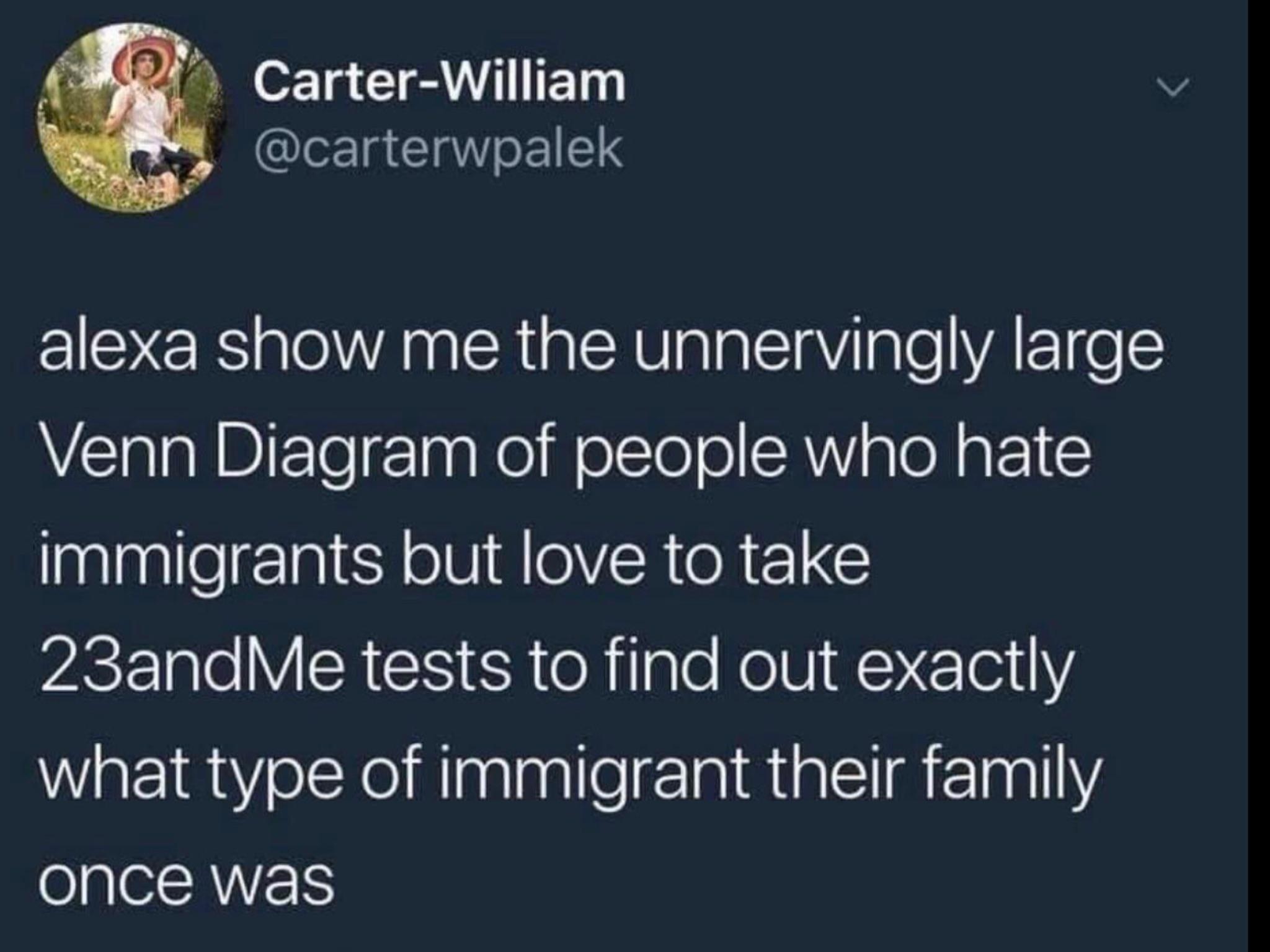 B Carter William BN carterwpalek IS CR AR AV alaElnYalelVA I e Venn Diagram of people who hate Immigrants but love to take ST 1ploVSR S S e R 1 gle RelV KY EETotY what type of immigrant their family once was