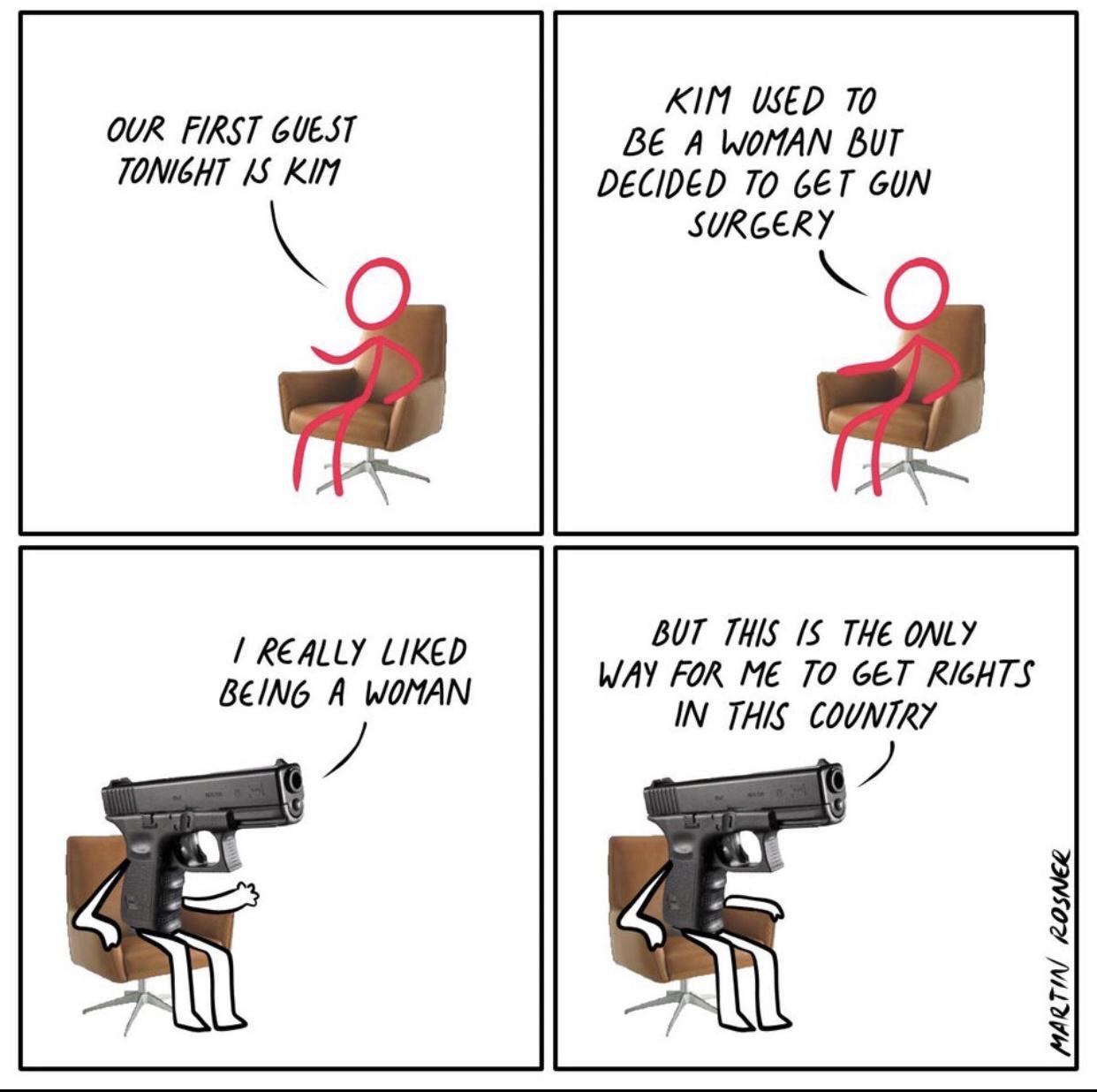 OUR FIRST GUEST TONIGHT S Kirt 5 KIM USED To BE A WOMAN BUT DECIDED To GET GUN SURGERY Ny REALLY LIKED BeING A WOMAN BUT THIS 1S THe ONLY WAY FOR ME T0 GET RIGHTS IN THIS COUNTRY 2 e zosee