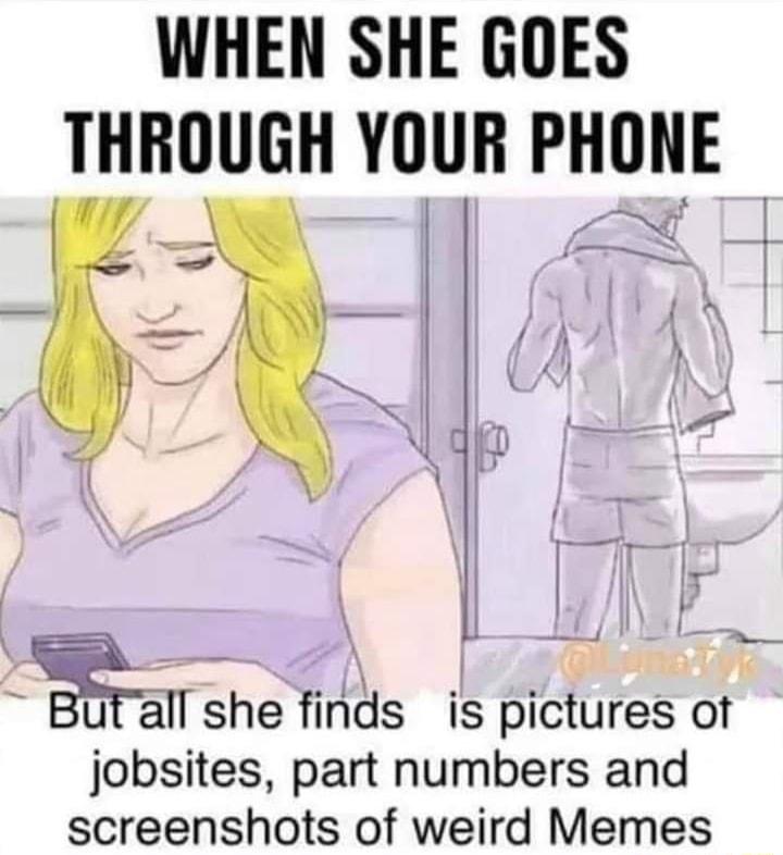 WHEN SHE GOES THROUGH YOUR PHONE 74 it T Euigial she finds is pictures ot jobsites part numbers and screenshots of weird Memes