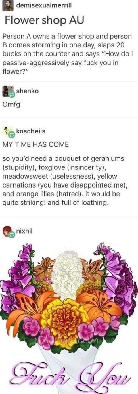 demisexualmerrill Flower shop AU Person A owns a flower shop and person B comes storming in one day slaps 20 bucks on the counter and says How do passive aggressively say fuck you in flower shenko Omfg koscheiis MY TIME HAS COME so youd need a bouquet of geraniums stupidity foxglove insincerity meadowsweet uselessness yellow carnations you have disappointed me and orange lilies hatred it would be 