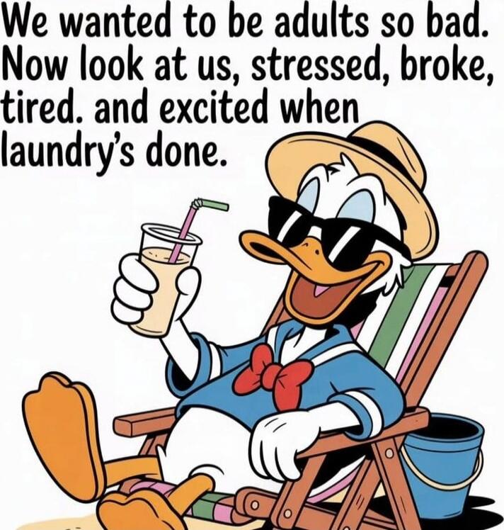 We wanted to be adults so bad. Now look at us, stressed, broke, tired, and excited when laundry's done.