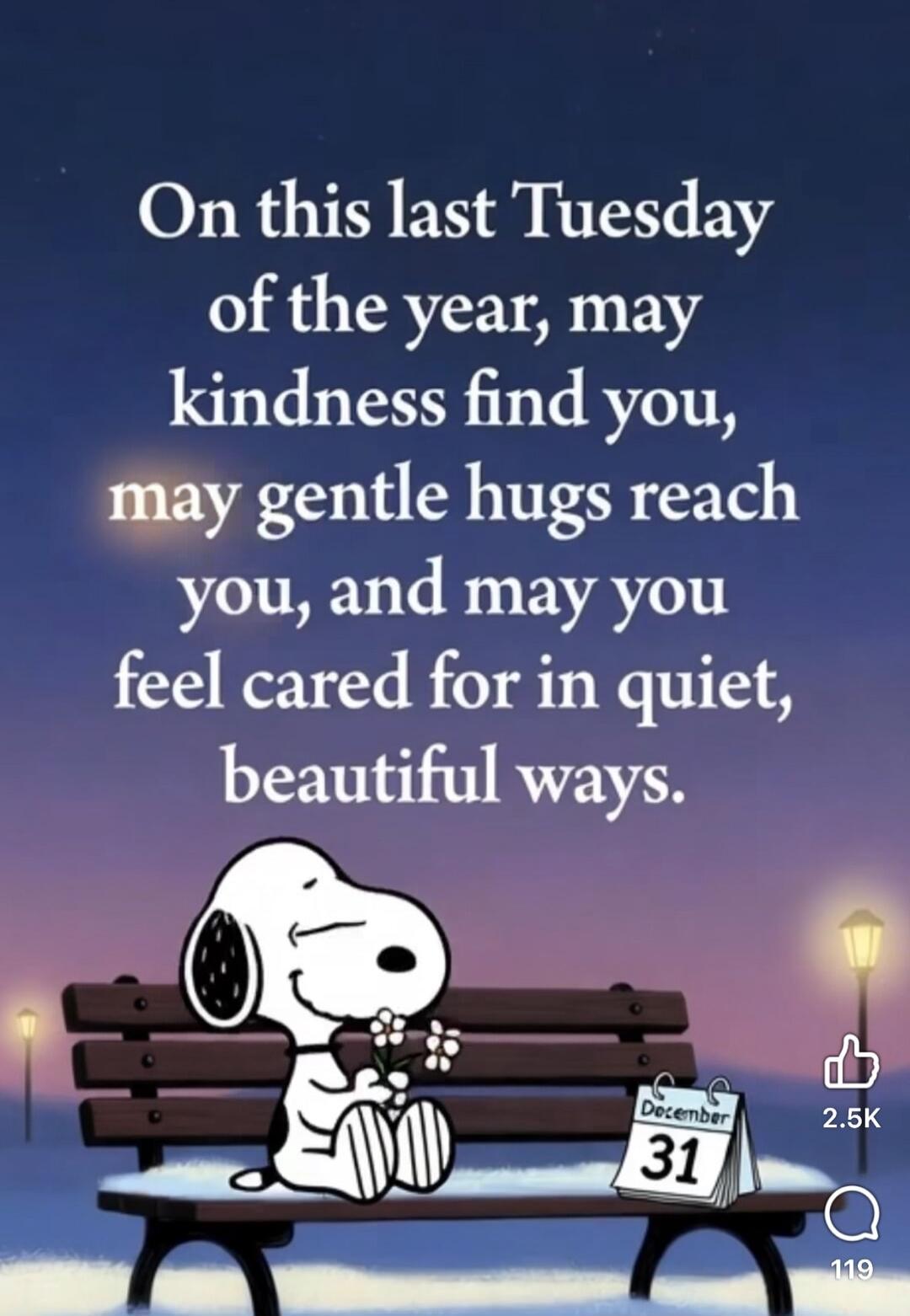 On this last Tuesday of the year, may kindness find you, may gentle hugs reach you, and may you feel cared for in quiet, beautiful ways.