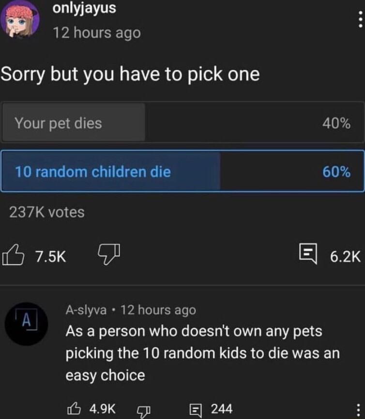 G LLLYETTE 12 hours ago Sorry but you have to pick one Your pet dies 40 10 random children die 60 237K votes 575k GP E 62 A slyva 12 hours ago As a person who doesnt own any pets picking the 10 random kids to die was an easy choice 5 49K 1 E 244