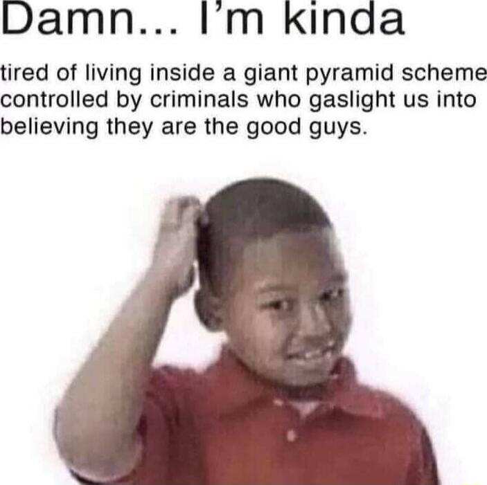 Damn Im Kinda tired of living inside a giant pyramid scheme controlled by criminals who gaslight us into believing they are the good guys