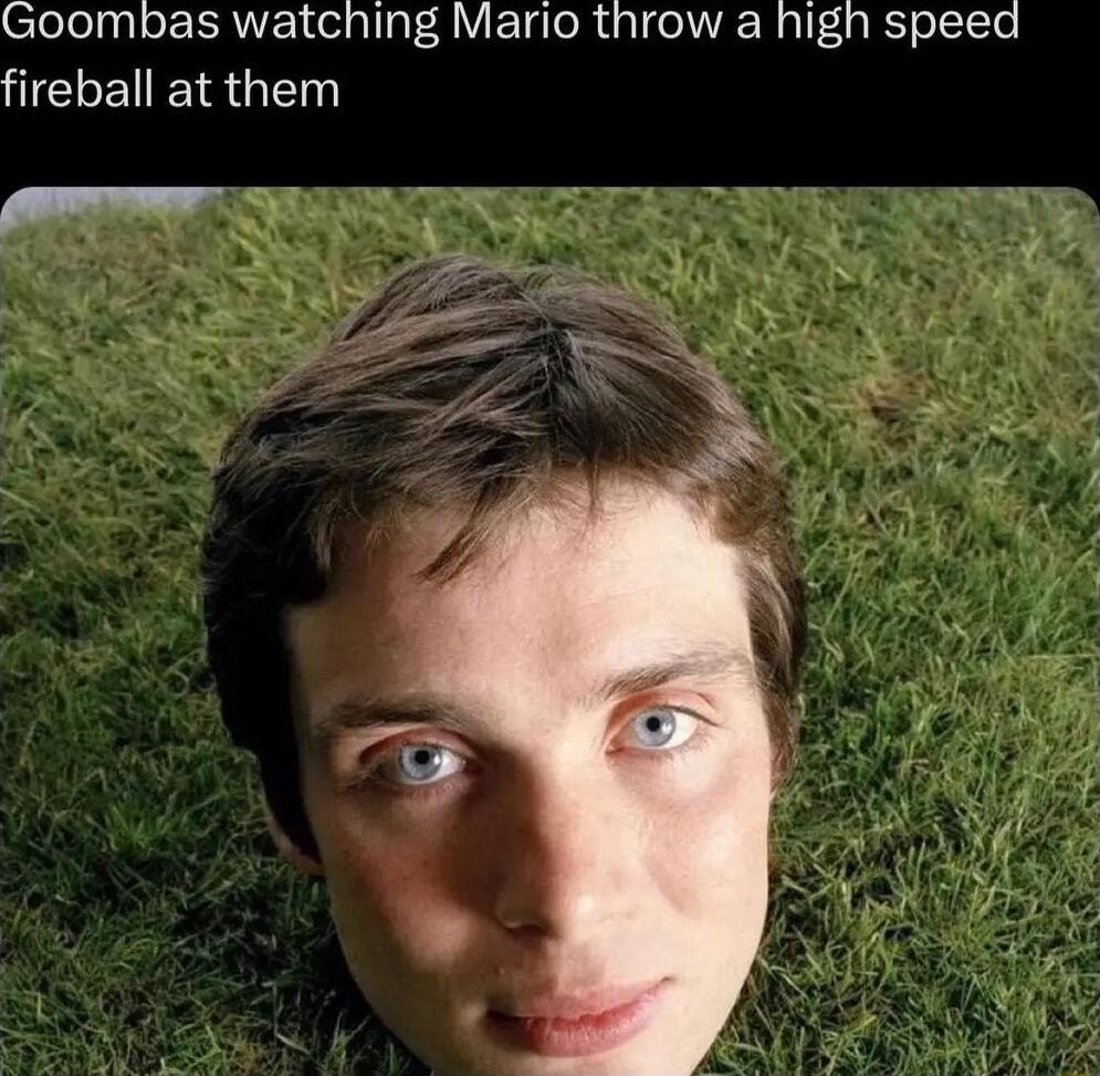 Goombas watching Mario throw a high speed fireball at them
