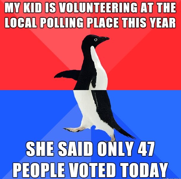 MY KIDISVOLUNTEERING AT THE LOCALPOLLINGPLACE THISYEAR SHE SAID ONLY 47 PEOPLEVOTED TODAY