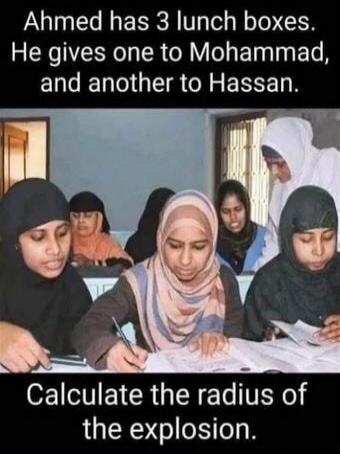 Ahmed has 3 lunch boxes. He gives one to Mohammad, and another to Hassan. Calculate the radius of the explosion.