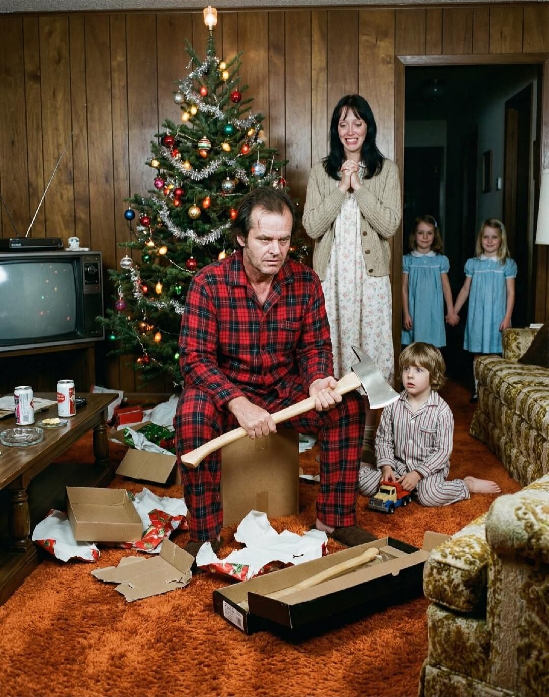A man in a red plaid shirt kneels on a cluttered living room floor, holding an axe over an open cardboard box. A Christmas tree with ornaments stands in the background. A woman and several children watch, with mixed expressions of curiosity and amusement as wrapping paper and packaging litter the carpet.